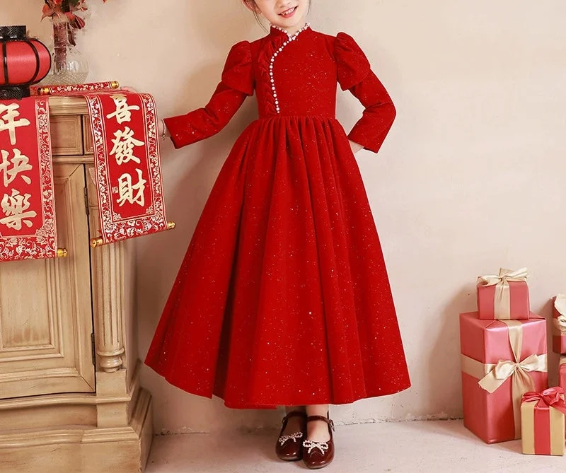 Beaded High Neck Long Sleeves Floor Length Red Girl Party Dress Tunics Timeless classic Beaded High Neck Long Sleeves Floor Length Red Girl Party Dress Tunics Timeless classic