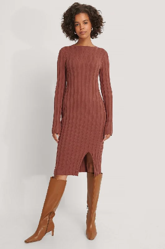 Ribbed Knitted Slit Dress Tunics Fleece cozy