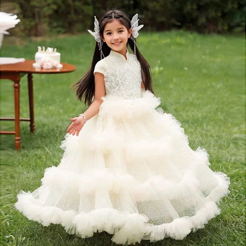 High Neck Ball Gown Short Sleeves Ruffles Girl Party Dress with Rhinestones Tunics Exclusive limited High Neck Ball Gown Short Sleeves Ruffles Girl Party Dress with Rhinestones Tunics Exclusive limited