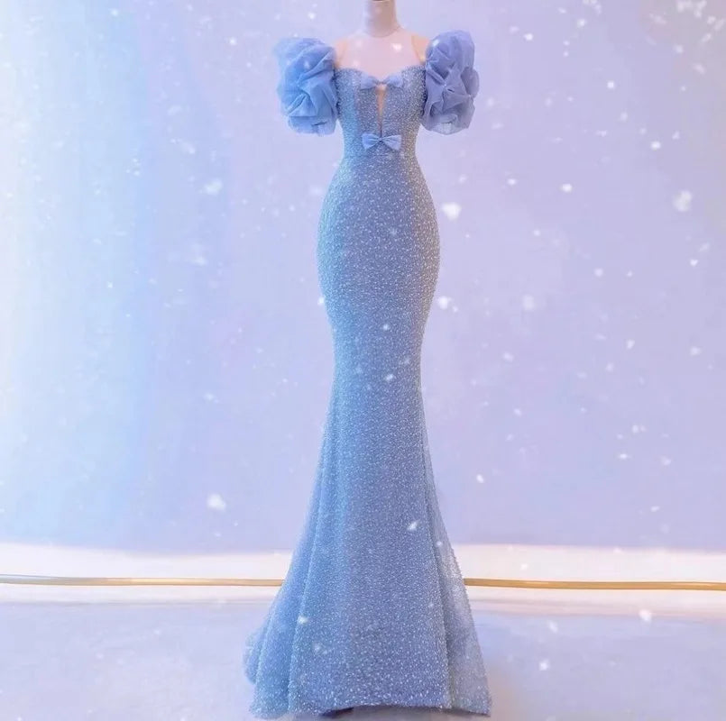Sequined Slim Waist Elegant Trumpet Evening Dresses Puff Sleeve Square Collar Prom Dresses Sexy Temperament Wedding Party Dress Tunics Modern contemporary Sequined Slim Waist Elegant Trumpet Evening Dresses Puff Sleeve Square Collar Prom Dresses Sexy Temperament Wedding Party Dress Tunics Modern contemporary