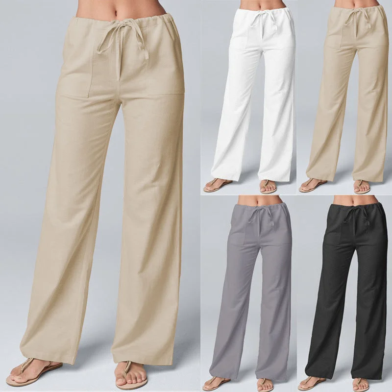 Women's Fashion Solid Color Loose Lace-up Cotton And Linen Straight-leg Pants Slim-Fit Khaki Pants Women's Fashion Solid Color Loose Lace-up Cotton And Linen Straight-leg Pants Slim-Fit Khaki Pants