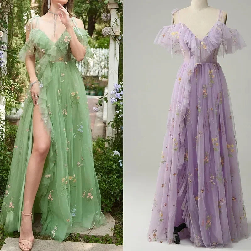 Floral Embroidered Elegant Straps Wedding Party Dress A Line High Split V Neck Ruffled Prom Dress Sexy Long Gown Evening Dresses Tunics Essential wardrobe Floral Embroidered Elegant Straps Wedding Party Dress A Line High Split V Neck Ruffled Prom Dress Sexy Long Gown Evening Dresses Tunics Essential wardrobe