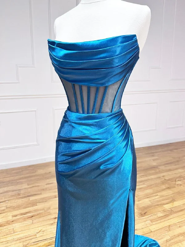 Blue Strapless Pleated Long Prom Dress, Blue Satin Party Dress Cowl Neckline Elegant