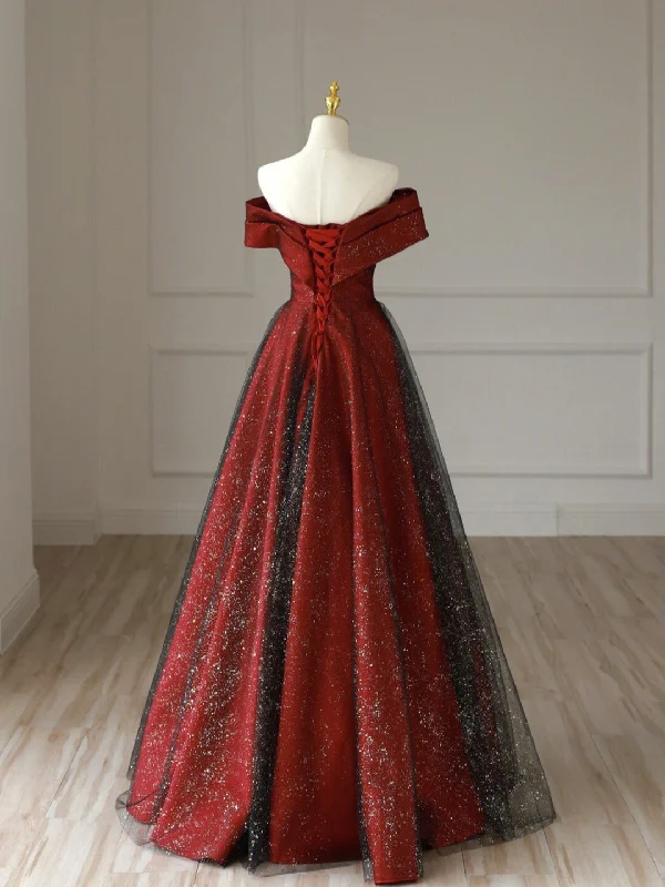 Burgundy Satin Long V-Neck Prom Dress, Off the Shoulder Party Dress Square Neckline Feminine