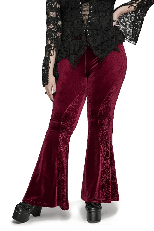 Gothic Burgundy Velvet Flared Pants with Embossed Details Formal Wide-Leg Pants