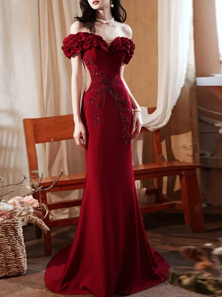 One Shoulder Slim Waist Pleated Flower Design Wedding Party Dress Temperament Cross Lace-up Prom Vestidos Trumpet Women Dresses Tunics Lace romantic One Shoulder Slim Waist Pleated Flower Design Wedding Party Dress Temperament Cross Lace-up Prom Vestidos Trumpet Women Dresses Tunics Lace romantic