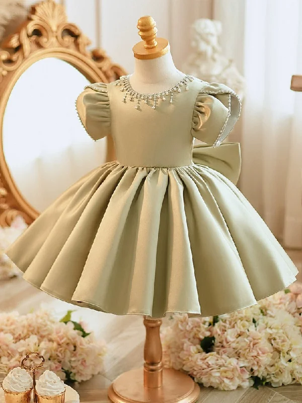 Beaded Round Neck Short Sleeves Knee-Length Baby Girl Party Dress with Bow Tunics Brand named Beaded Round Neck Short Sleeves Knee-Length Baby Girl Party Dress with Bow Tunics Brand named