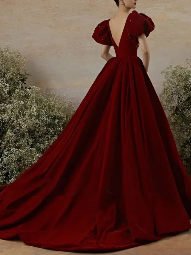 French Exquisite New Solid Slim Waist Wedding Party Dress V-neck Puff Beading Sleeve Prom Dresses V-back Elegant Evening Robe Peplum Ruffle Cocktail French Exquisite New Solid Slim Waist Wedding Party Dress V-neck Puff Beading Sleeve Prom Dresses V-back Elegant Evening Robe Peplum Ruffle Cocktail
