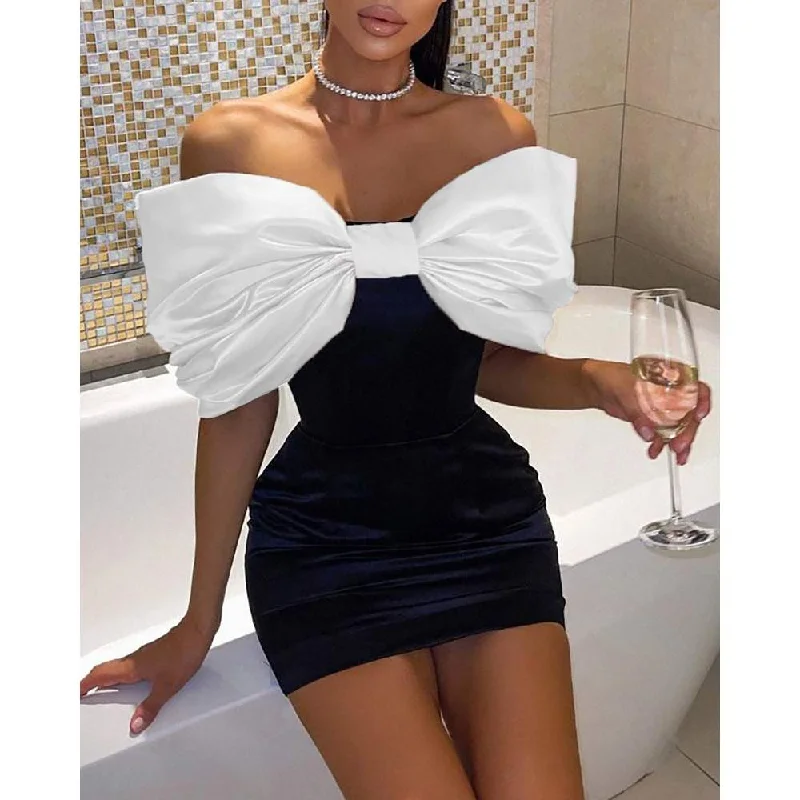 SHOULDER BOW TIGHT DRESS BIRTHDAY PARTY DRESS Tunics Sophisticated sleek