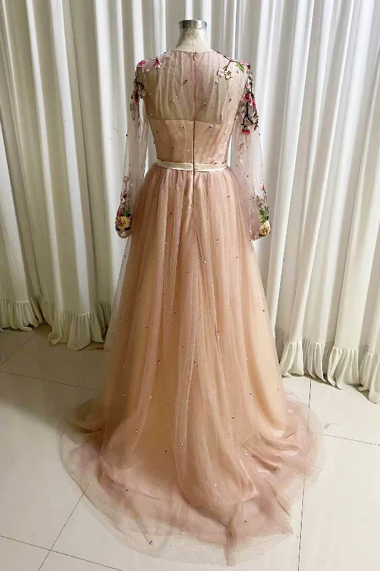 A Line Tulle Long Prom Dress with Flowers, Pink Long Sleeves Party Dress with Beading High-Low Hemline Casual A Line Tulle Long Prom Dress with Flowers, Pink Long Sleeves Party Dress with Beading High-Low Hemline Casual