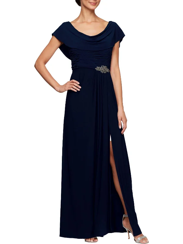 Womens Crowlneck Embellished Evening Dress Tunics Long Elegant