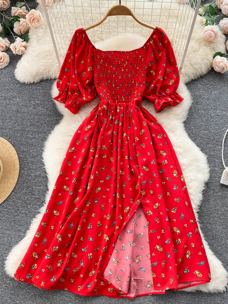 Women's Fashion Romantic Floral Print Split Long Summer Dress Puff Sleeve Party Dress Tunics Practical easy-care