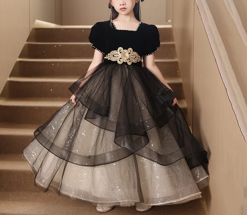 Ball Gown Square Neck Beaded Short Sleeves Girl Party Dress with Rhinestones Sash Glittery Long Formal Ball Gown Square Neck Beaded Short Sleeves Girl Party Dress with Rhinestones Sash Glittery Long Formal