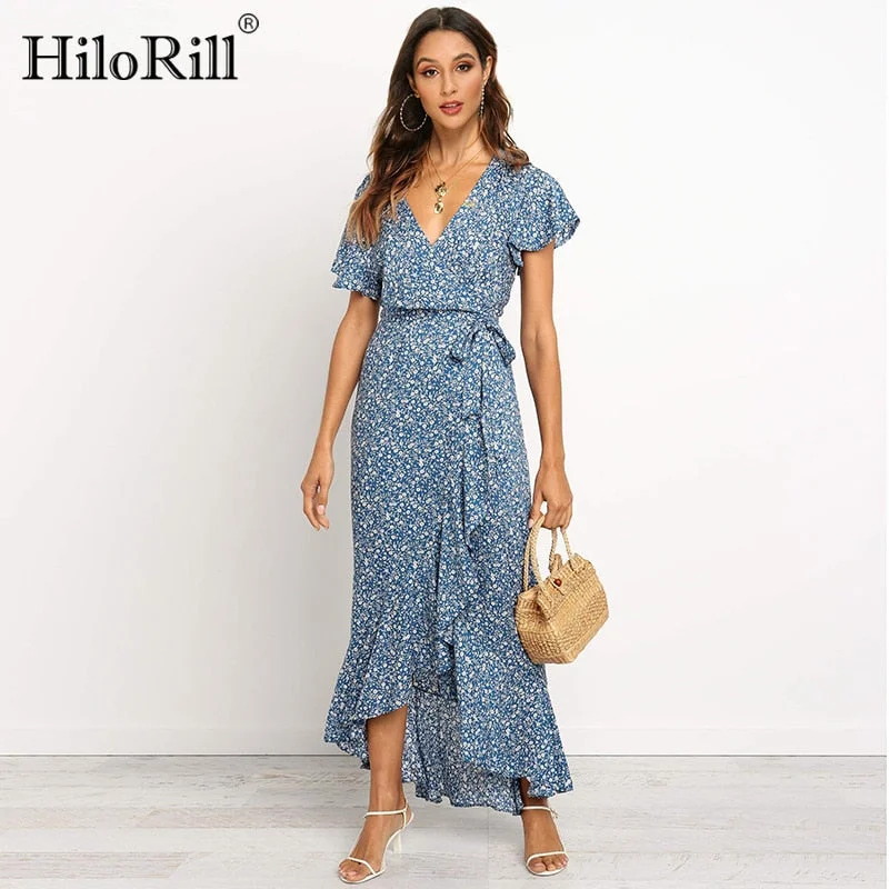 Summer Long Maxi Casual Boho Floral Print Beach V-Neck Ruffle Bodycon Wrap High Slit Party Dress High-Low Hemline Casual Summer Long Maxi Casual Boho Floral Print Beach V-Neck Ruffle Bodycon Wrap High Slit Party Dress High-Low Hemline Casual