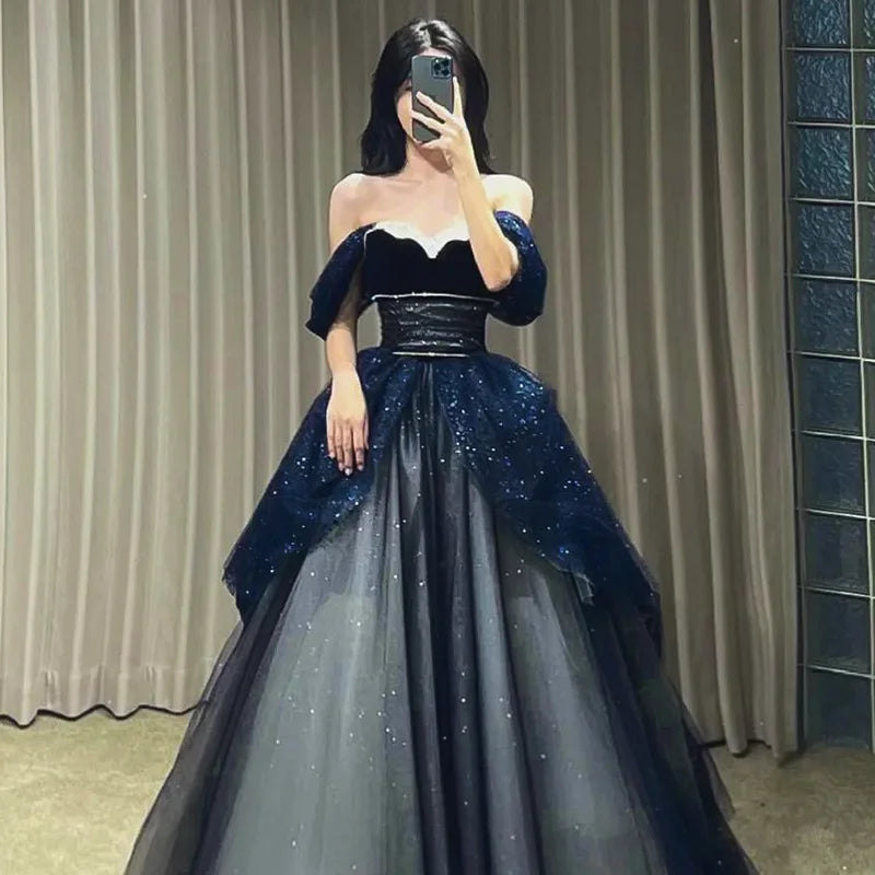 Slash Collar Slim Waist Strapless Ball Gown Wedding Party Dress Elegant Temperament Prom Robe Aesthetic Bling Evening Dresses Pleated Skirt Elegant Slash Collar Slim Waist Strapless Ball Gown Wedding Party Dress Elegant Temperament Prom Robe Aesthetic Bling Evening Dresses Pleated Skirt Elegant