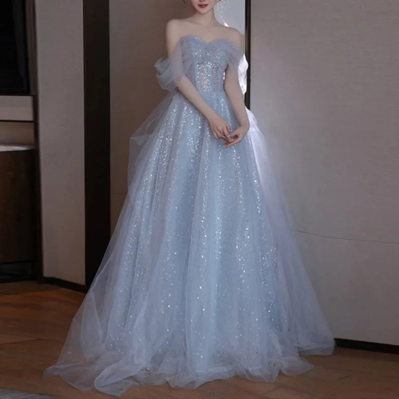 Blue Luxury Shinny Strapless Evening Party Dress Elegant Simple Temperament Prom Vestidos Mesh Design Slim Long Evening Dresses Tunics Top Casual Blue Luxury Shinny Strapless Evening Party Dress Elegant Simple Temperament Prom Vestidos Mesh Design Slim Long Evening Dresses Tunics Top Casual