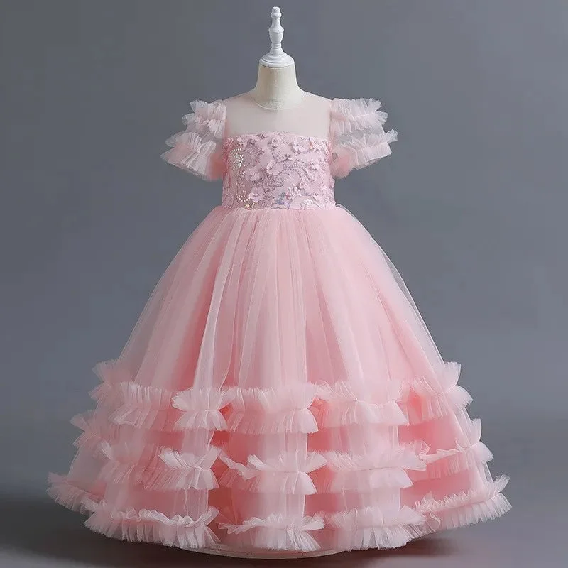 Ball Gown Short Sleeves Ruffled Girl Party Dresses with Beading Flower Appliques Chiffon Maxi Beach Ball Gown Short Sleeves Ruffled Girl Party Dresses with Beading Flower Appliques Chiffon Maxi Beach