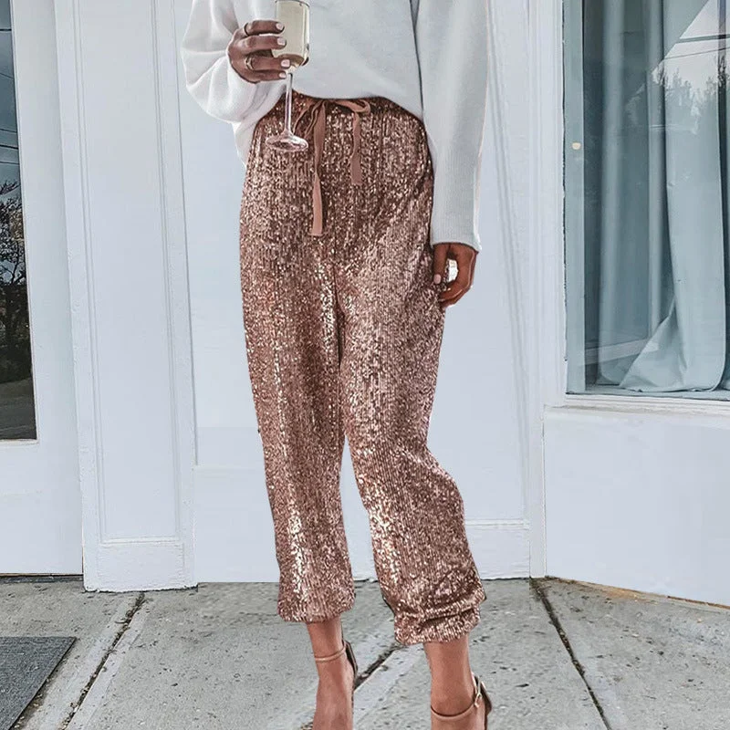 High Waist Sequin Long Pants High-Waist Jogger Pants