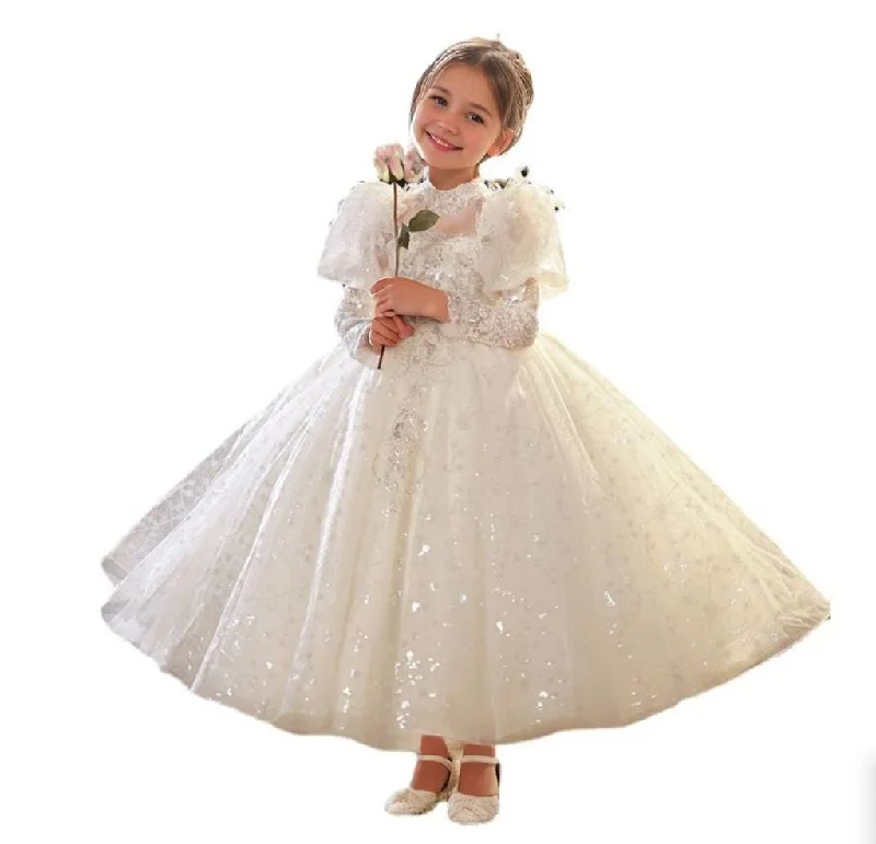 Long Lace Sleeves Floor Length A-Line/Princess Girl Party Dress with Crystal Appliques Tunics Velvet soft