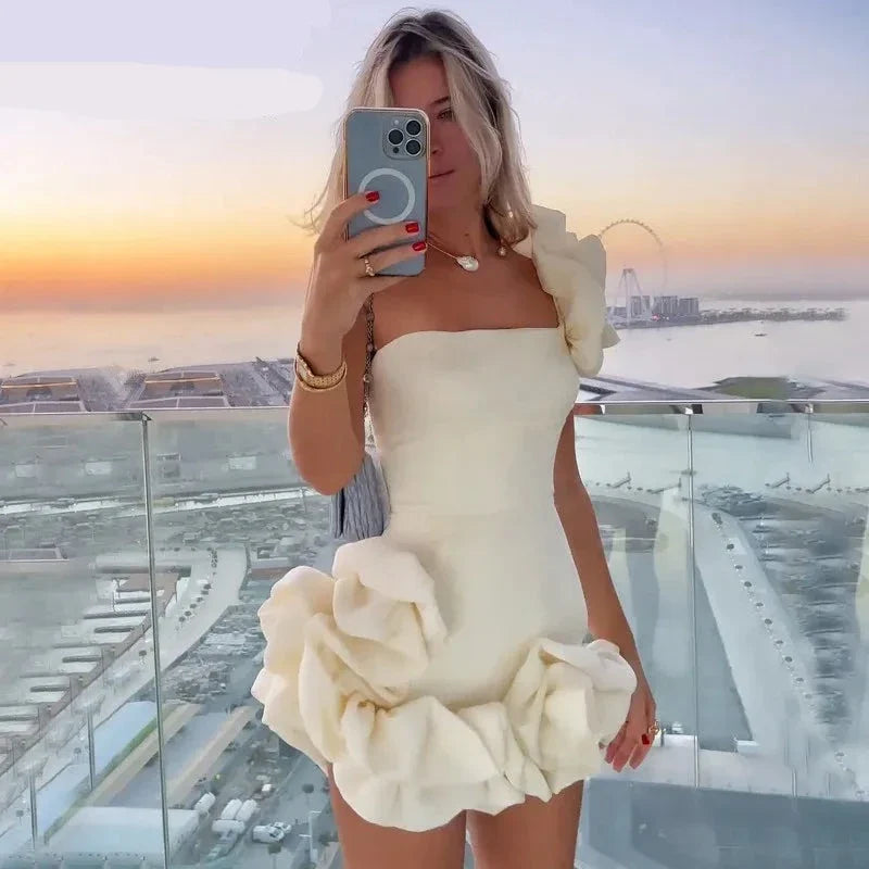 White Dresss for Elegent Lady Summer Bodycon Ruffles Party Dress One Shoulder Fashion Evening Dresses Female Vestidos Satin Halter Glamorous White Dresss for Elegent Lady Summer Bodycon Ruffles Party Dress One Shoulder Fashion Evening Dresses Female Vestidos Satin Halter Glamorous