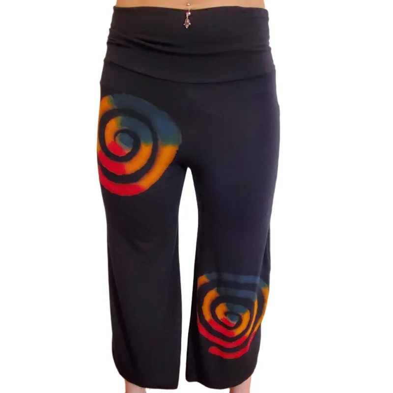 Handpainted Rainbow Spiral Rayon Gaucho Pants Comfortable Fleece Pants
