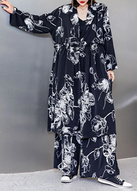Stylish Black V Neck Cinched print Silk tops wide leg pants Two Pieces Set Spring Classic Straight Pants Stylish Black V Neck Cinched print Silk tops wide leg pants Two Pieces Set Spring Classic Straight Pants