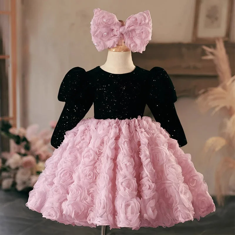 Long Sleeves Knee Length Round Neck Girl Party Dress with Ruched Flowers Tunics Formal black Long Sleeves Knee Length Round Neck Girl Party Dress with Ruched Flowers Tunics Formal black