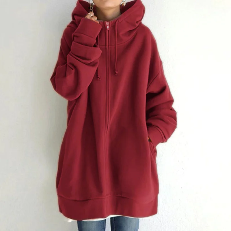 Women Plus Sizes Zipper Velvet Hoodies Hoodie with Slit Hem Functional Movement