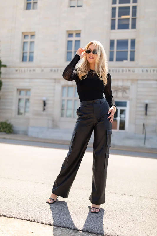 Follow My Lead Black Faux Leather Cargo Pants FINAL SALE Trendy Palazzo Pants