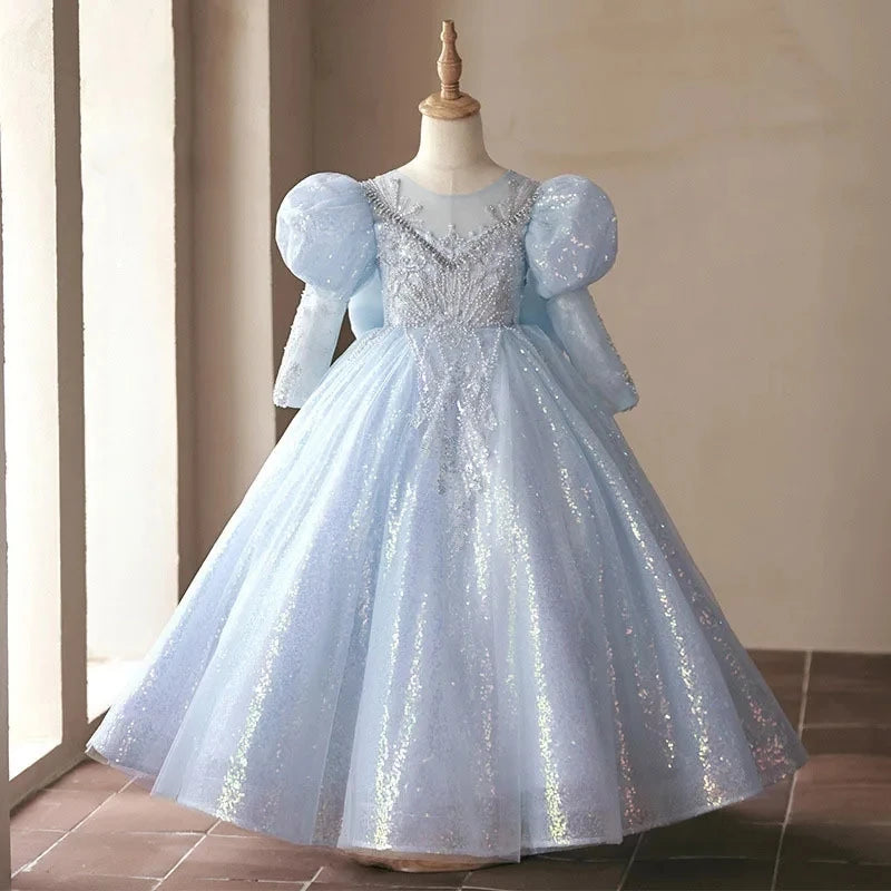 Long Sleeves Ball Gown Beading Appliques Shinning Girl Party Dress with Bow Tunics Vintage classic Long Sleeves Ball Gown Beading Appliques Shinning Girl Party Dress with Bow Tunics Vintage classic