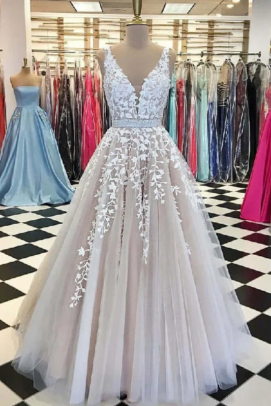 A Line Applique Tulle Prom Dress, Long V Neck Sleeveless Party Dress with Beading Pleated Skirt Elegant A Line Applique Tulle Prom Dress, Long V Neck Sleeveless Party Dress with Beading Pleated Skirt Elegant