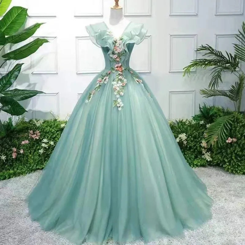 V-neck Flying Sleeve Applique Temperament Wedding Party Dresses Slim Waist Elegant Prom Vestidos Mesh Design Evening Dress Tunics Party sparkling V-neck Flying Sleeve Applique Temperament Wedding Party Dresses Slim Waist Elegant Prom Vestidos Mesh Design Evening Dress Tunics Party sparkling