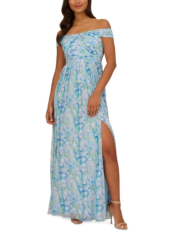Womens Off-The-Shoulder Floral Print Evening Dress Tunics Wedding white