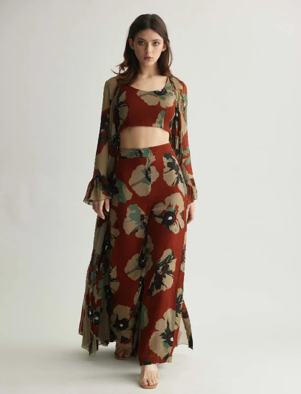 Brown and beige floral pant and cape set Stylish Casual Pants