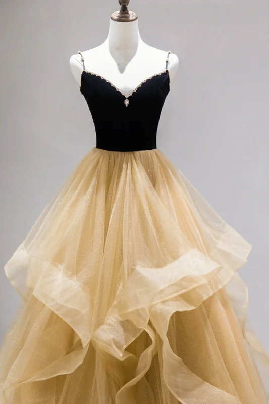 Black Straps V-Neck Layers Tulle Long Party Dresses, Glam Prom Dresses Crew Neckline Sporty Black Straps V-Neck Layers Tulle Long Party Dresses, Glam Prom Dresses Crew Neckline Sporty