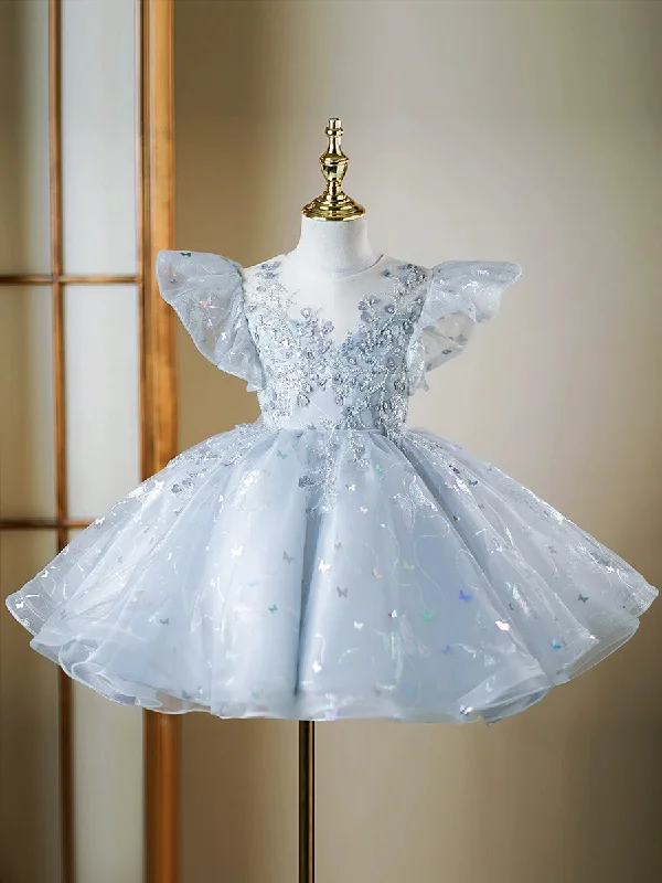 Tea Length Round Neck Short Sleeves Girl Party Dress with Crystal Appliques Tunics Modern contemporary Tea Length Round Neck Short Sleeves Girl Party Dress with Crystal Appliques Tunics Modern contemporary