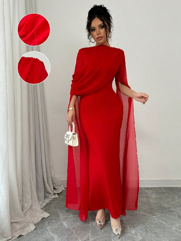 Extremely Elegant Tight Oblique Shoulder Pleated Sheer Flowy Split Sleeve Evening Dress Tunics Versatile stylish