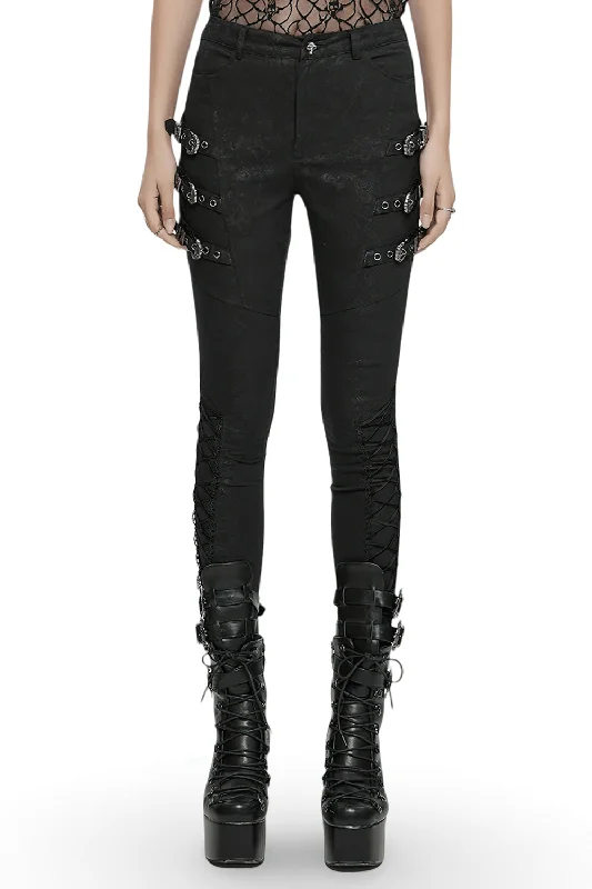 Black Gothic Pants with Buckle Straps and Lace Detailing Fashionable Track Pants