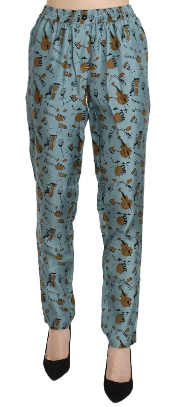 Dolce & Gabbana High Waist Tapered Silk Pants in Blue Print Casual Lounge Pants