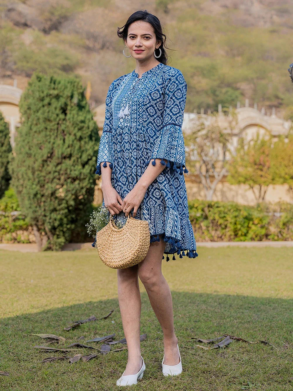 Blue Pure Cotton Ethnic Motifs Less Border Tassels Were Dress Tunics stripes playful