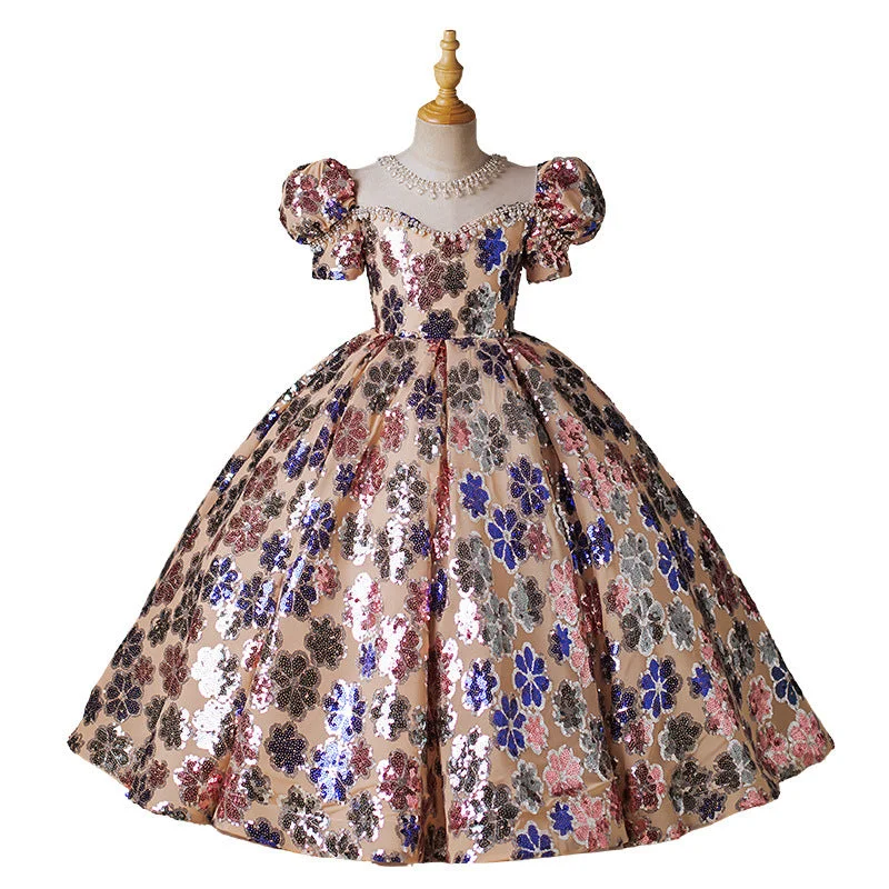 Floor Length Beading Round Neck Short Sleeves Ball Gown Girl Party Dress with Crystal Cowl Neckline Elegant Floor Length Beading Round Neck Short Sleeves Ball Gown Girl Party Dress with Crystal Cowl Neckline Elegant