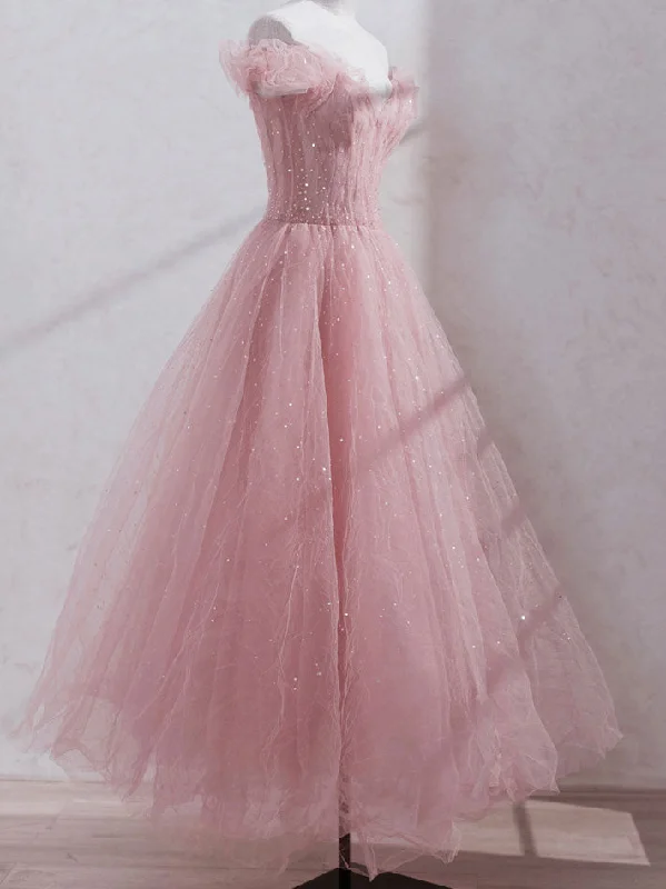 Pink Off Shoulder Tulle Tea Length Prom Dress,Pink Tulle Wedding Party Dresses Tunics Review highly