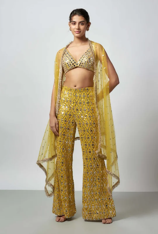Ahsaas yellow flared pant and cape set Elegant High-Waist Pants