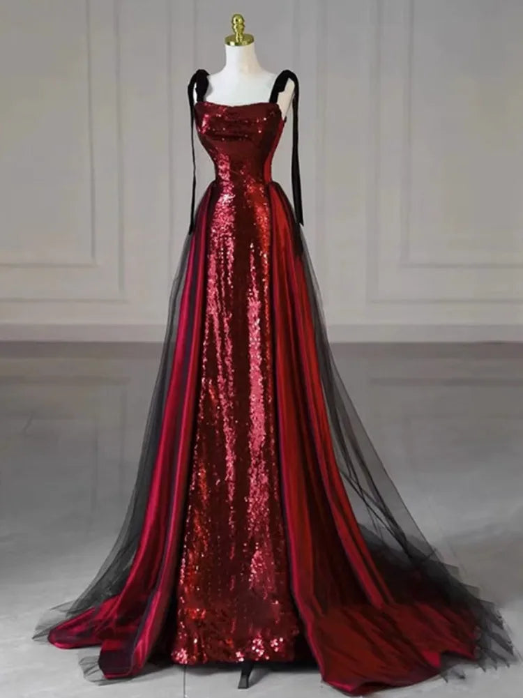Wine Red Temperament Sling Wedding Party Dresses Slim Waist Sequin Patchwork Prom Vestidos Elegant Lace-up Long Evening Dress Lace Sexy Club Wine Red Temperament Sling Wedding Party Dresses Slim Waist Sequin Patchwork Prom Vestidos Elegant Lace-up Long Evening Dress Lace Sexy Club