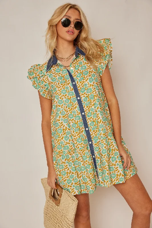 Hollis Denim Detail Floral Dress Tunics Trendy modern