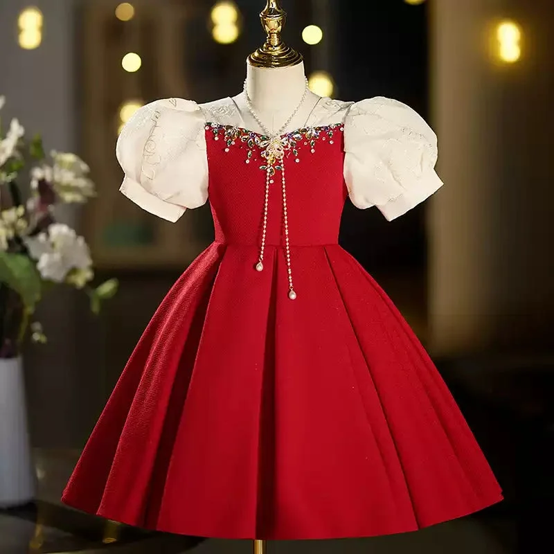 Short Sleeves Tea-Length Red Girl Party Dresses with Rhinestones Tunics Modern contemporary Short Sleeves Tea-Length Red Girl Party Dresses with Rhinestones Tunics Modern contemporary