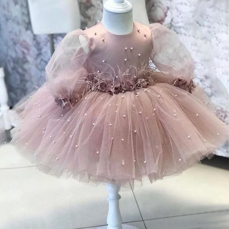 Ball Gown Long Sleeves Knee-Length Beading Baby Girl Party Dress with Feathers & Bow Tunics Fashionable trendy Ball Gown Long Sleeves Knee-Length Beading Baby Girl Party Dress with Feathers & Bow Tunics Fashionable trendy
