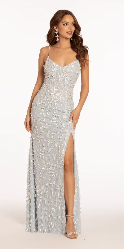 3 D Floral Mesh Strappy Back Column Dress with Side Slit sweetheart Neckline Romantic