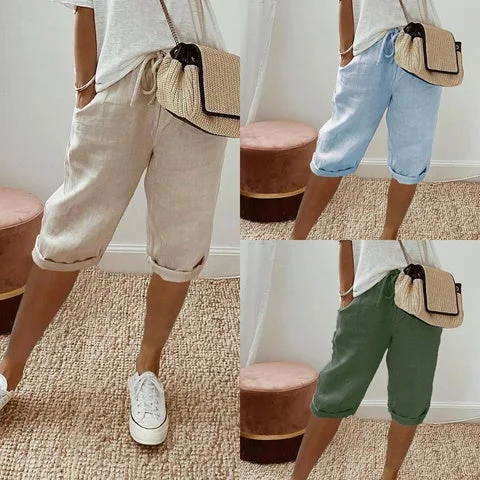 Women's Cotton And Linen Pocket Elasticated Slacks Women's Fifth Pants Comfortable Fleece Pants Women's Cotton And Linen Pocket Elasticated Slacks Women's Fifth Pants Comfortable Fleece Pants
