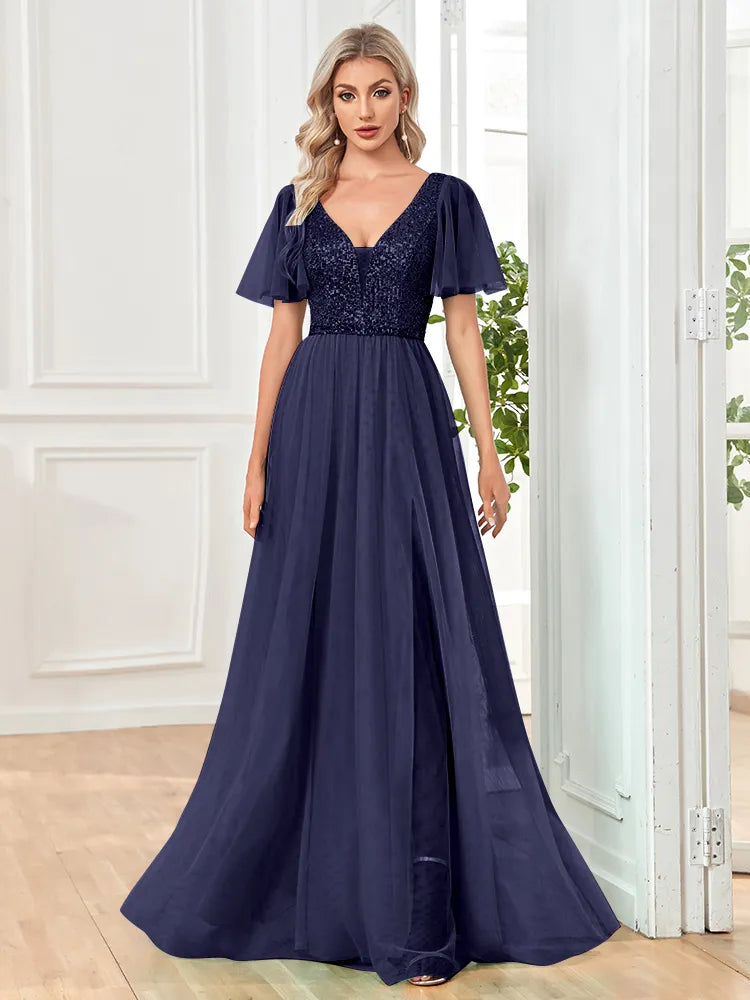 Elegant Sequins Evening Dress Elegant V-Neck A-line Ruffles Chiffon Robe Short Sleeves Formal Wedding Party Dresses Tunics Denim casual Elegant Sequins Evening Dress Elegant V-Neck A-line Ruffles Chiffon Robe Short Sleeves Formal Wedding Party Dresses Tunics Denim casual